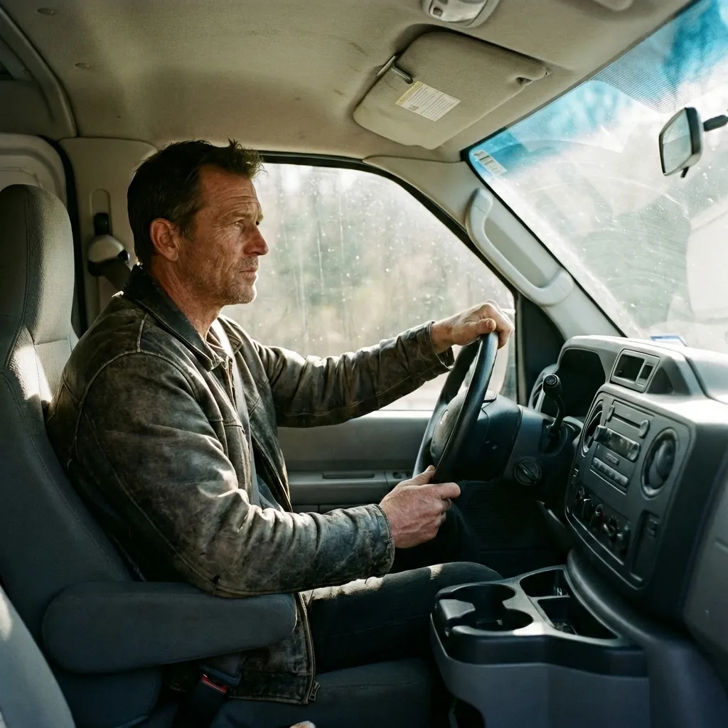A focused man driving a van - progress, not pity.
